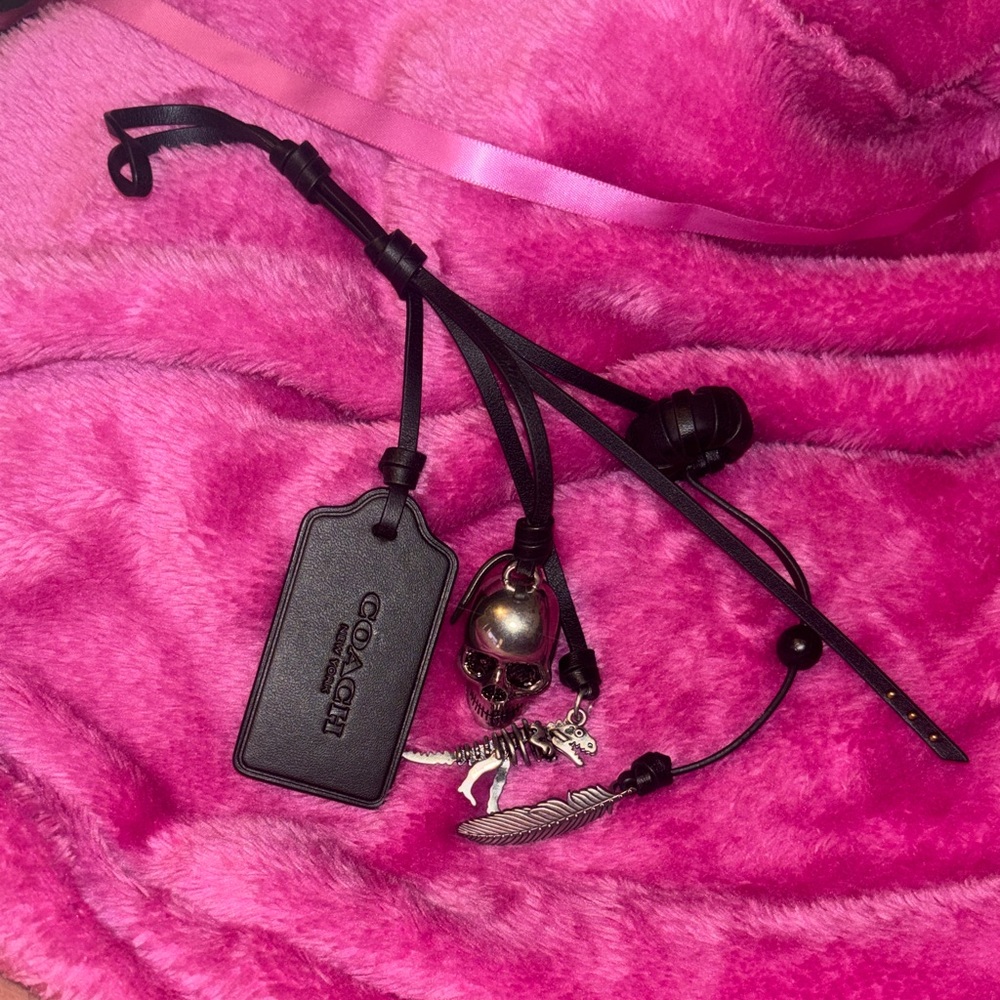 Coach Black Leather Keychain with Skull , Rexy and Feather Charms